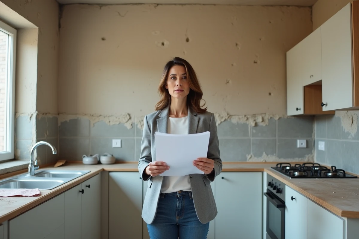 Femme inspectant des travaux de rénovation inachevés avec un contrat à la main dans une cuisine