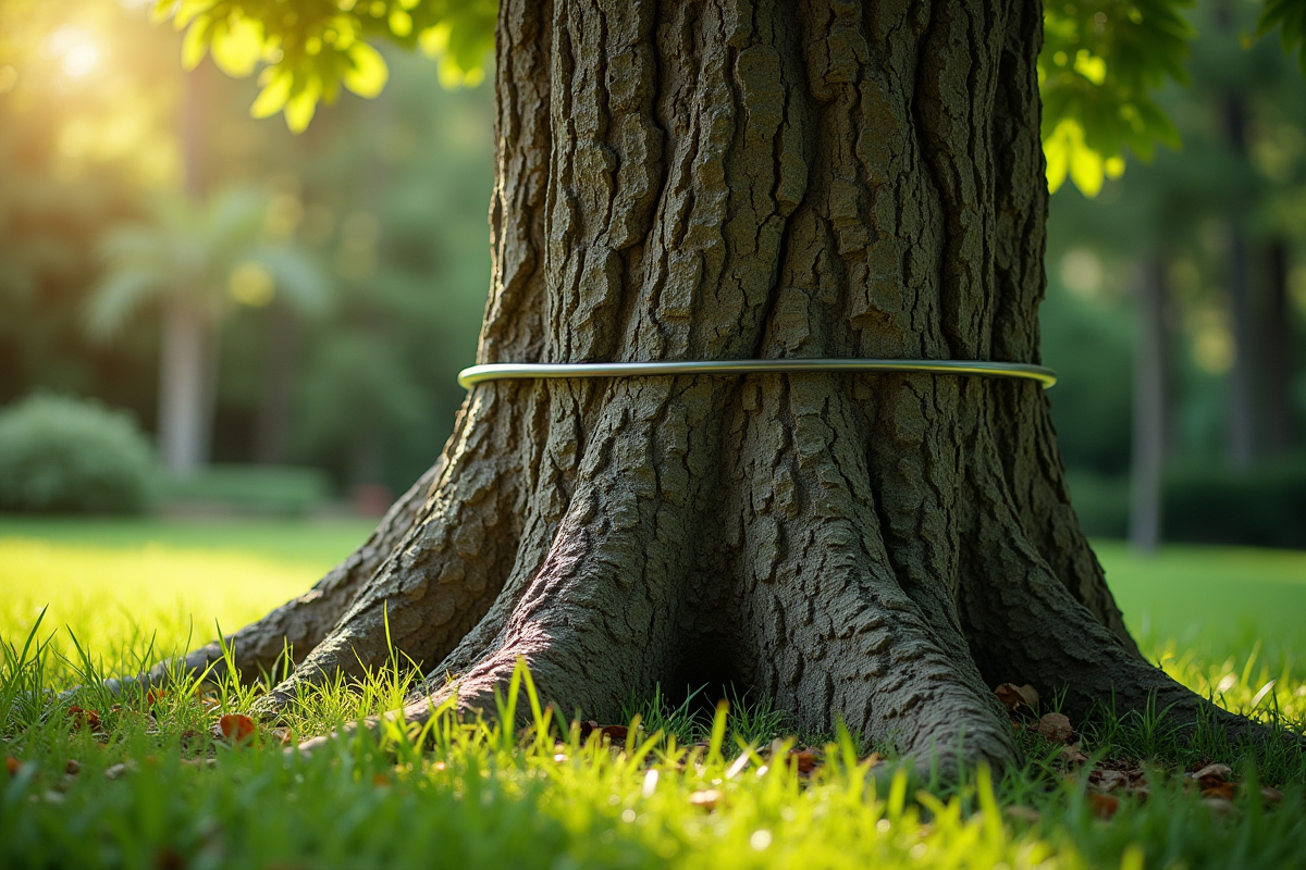 Tronc d'arbre dans un jardin avec barriere en metal pour squirrels