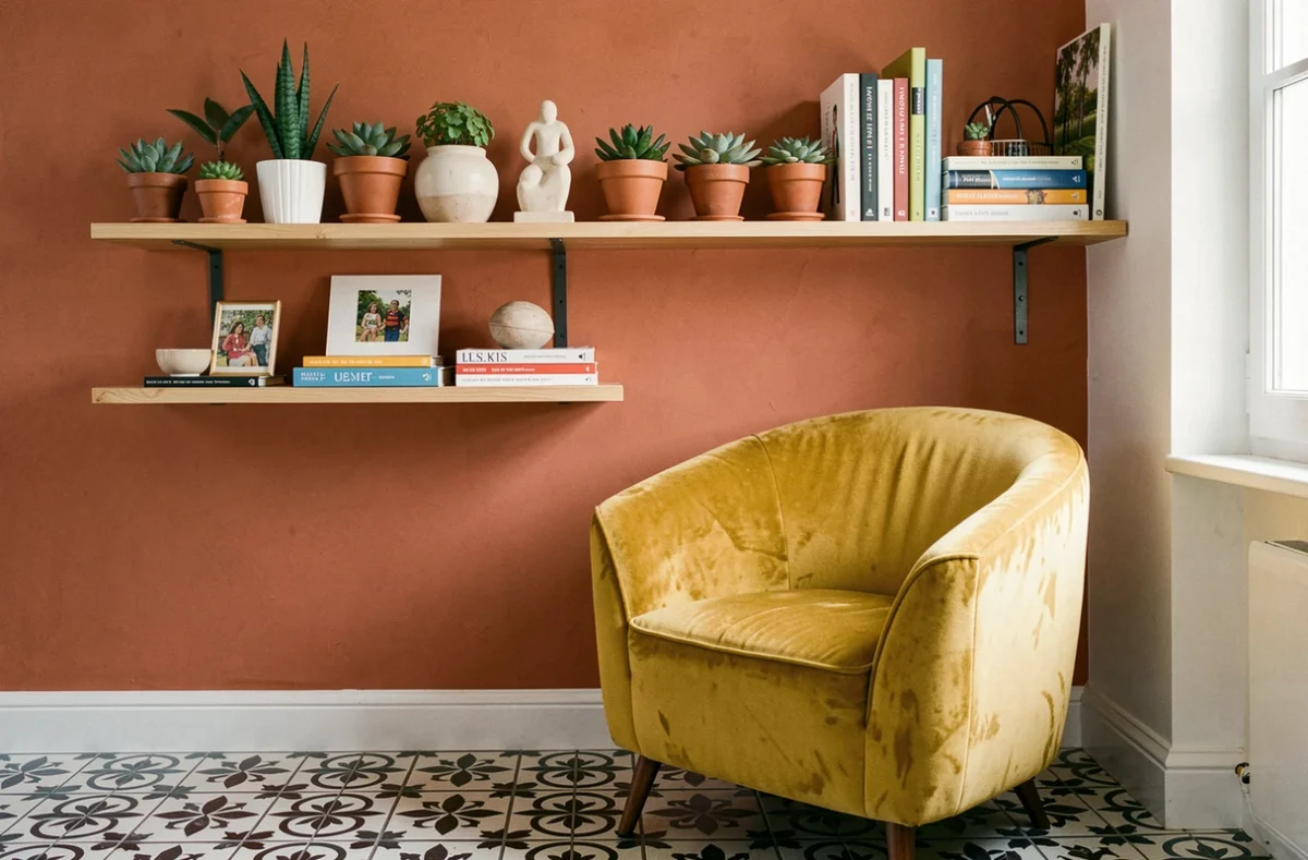 Intérieur coloré et joyeux avec fauteuil moutarde et mur terracotta illustrant l'univers décoratif d'Une Note De Déco