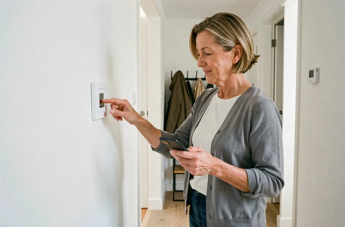 Femme utilisant un interrupteur poussoir Legrand encastré dans un couloir moderne après une pose soignée