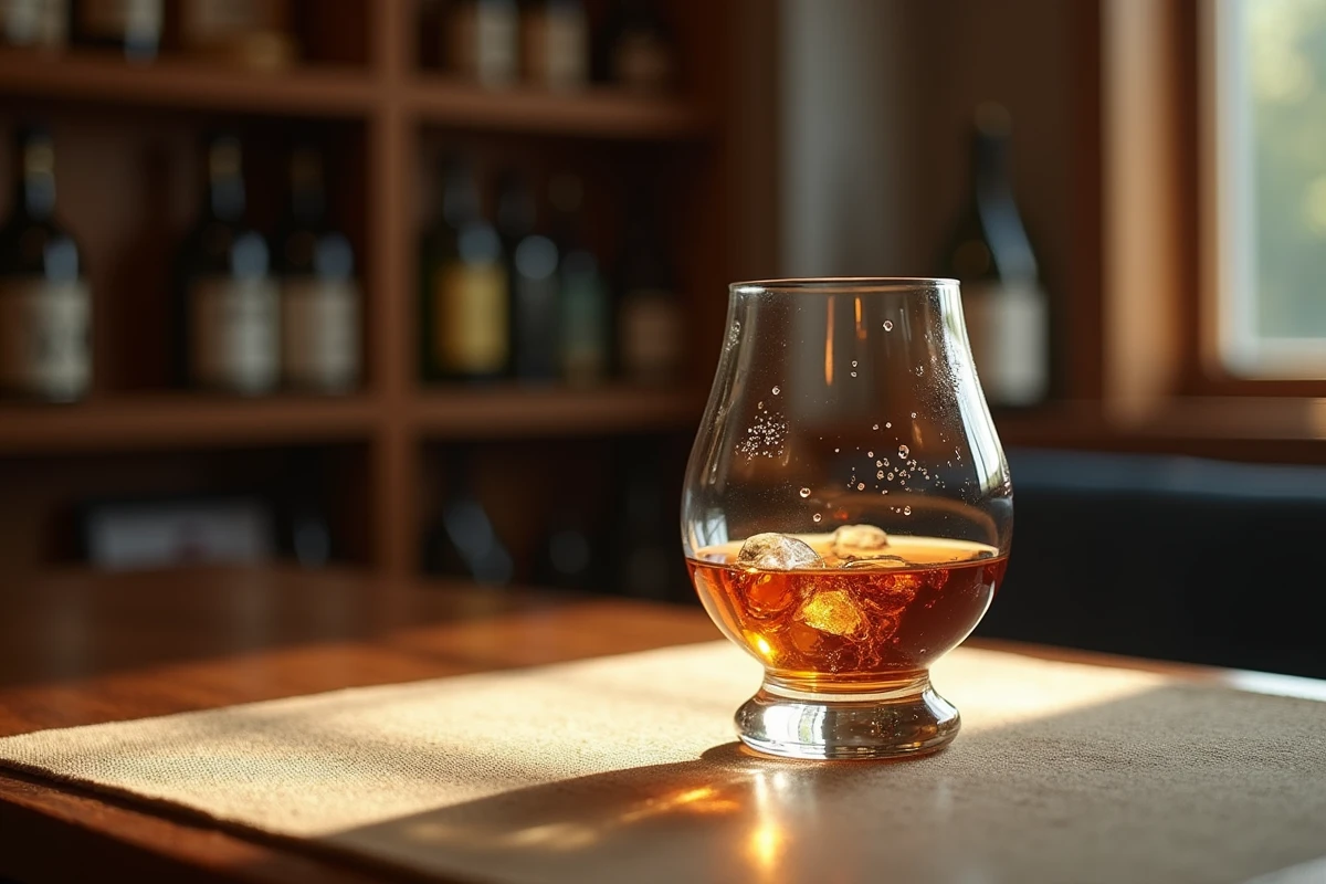 Verre à whisky japonais de style tulipe posé sur une table en chêne sombre dans un izakaya traditionnel, avec une mise au point précise sur le verre et un arrière-plan flou