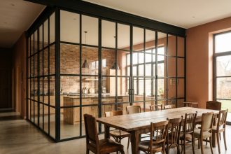 Verrière intérieure sur mesure en acier noir séparant le salon et la cuisine dans un appartement moderne