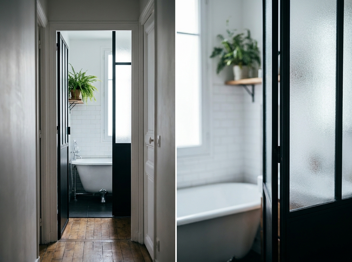 Verrière en verre dépoli et profilés aluminium noir dans une salle de bain haussmannienne aménagée avec petit budget