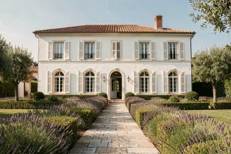 Villa française traditionnelle avec façade blanche et toit en tuiles, entourée d'un jardin méditerranéen soigné avec haies de lavande et allée en pierre