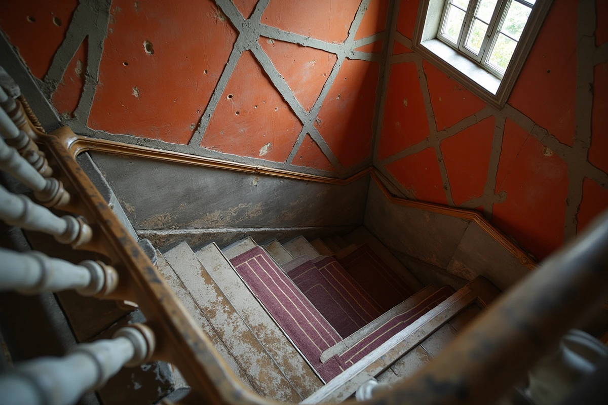 Vue plongeante dans la cage d'escalier d'une maison bourgeoise du XVIIIe siècle avec décoration murale géométrique peinte en terracotta sur plâtre ancien