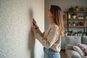Femme touchant un mur texturé dans un salon moderne